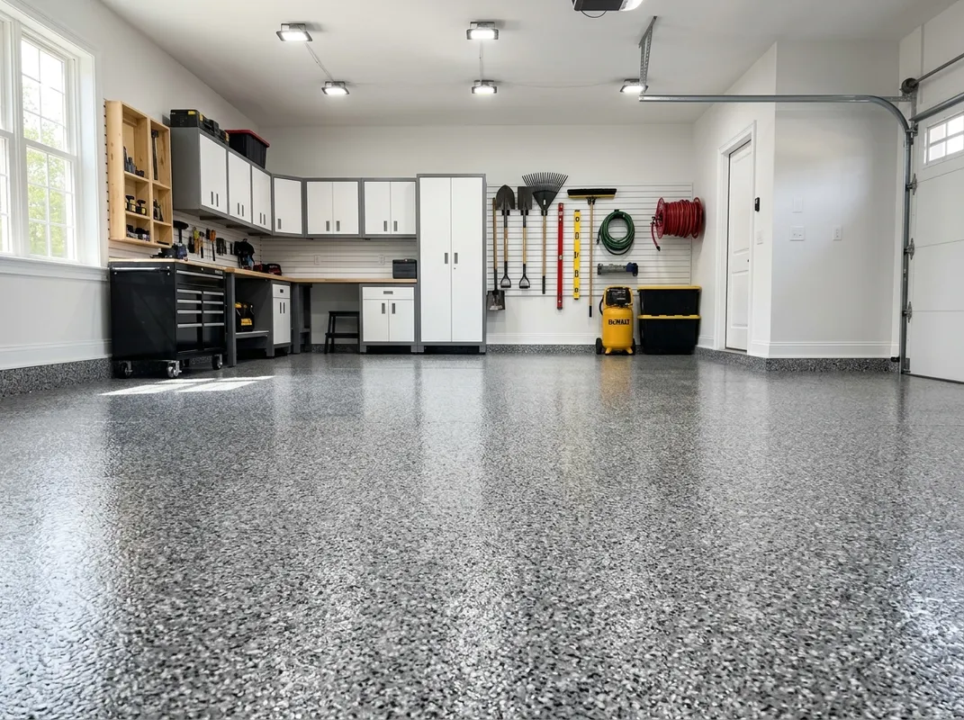 Diamond-ground garage floor receiving polyurea base coat