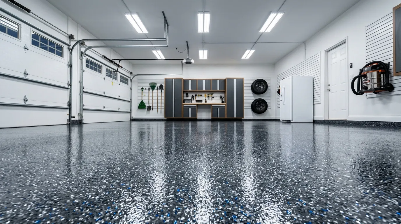 Showroom-quality garage floor with metallic flake polyaspartic coating