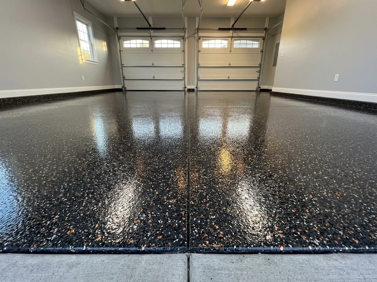 Triumph Concrete Coating Finished metallic-flake polyaspartic garage floor with mirror-bright reflective topcoat
