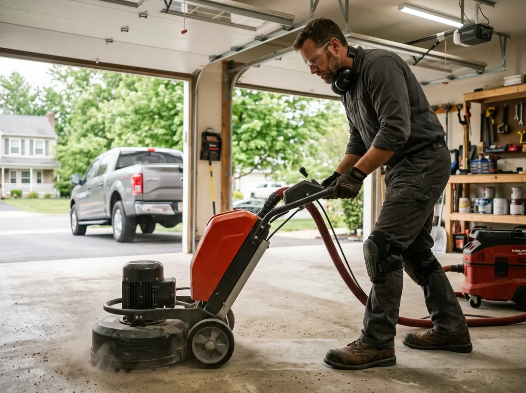 Triumph Concrete Coating Contractor operating an industrial diamond grinder on a residential garage floor