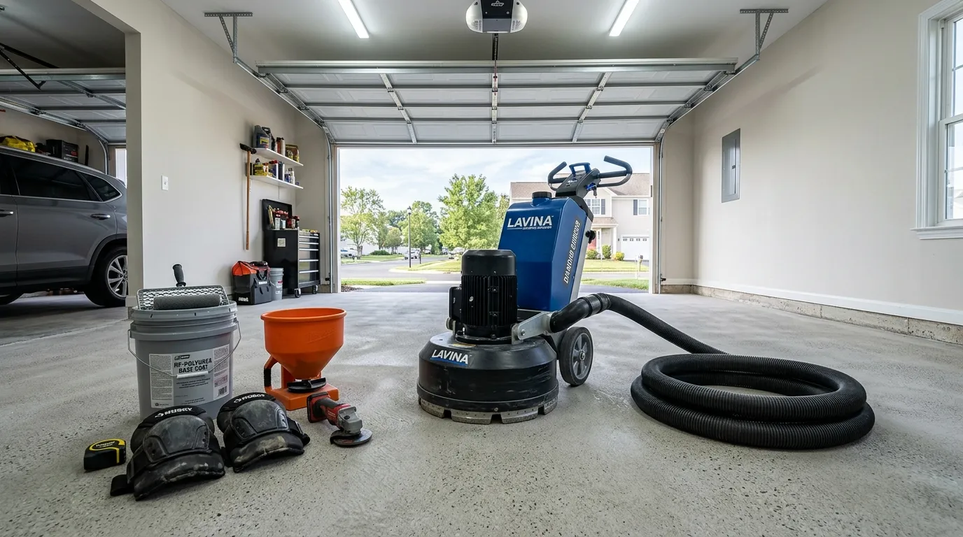 Triumph Concrete Coating Industrial diamond grinder on a prepared concrete slab with contractor tools laid out