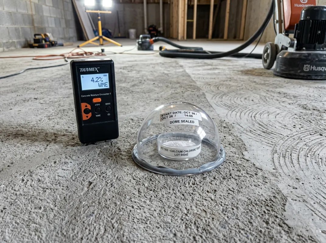 Triumph Concrete Coating Calcium-chloride moisture test kit on a diamond-ground basement slab