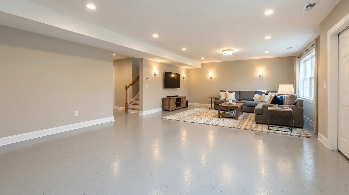 Triumph Concrete Coating Bright finished South Jersey basement with light-gray polyaspartic floor coating