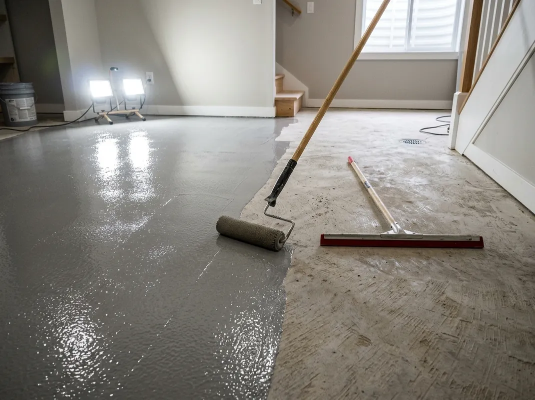Triumph Concrete Coating Low-VOC polyurea base coat being rolled in a basement