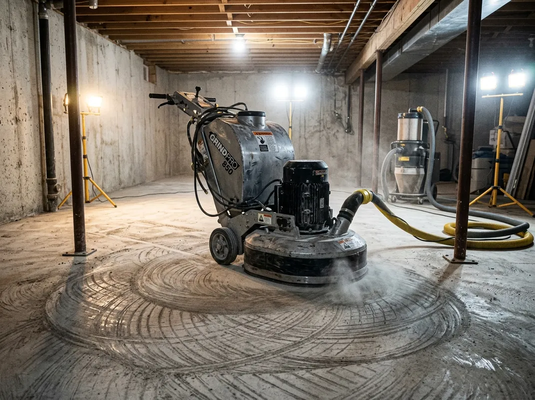 Triumph Concrete Coating Diamond grinder prepping a residential basement slab