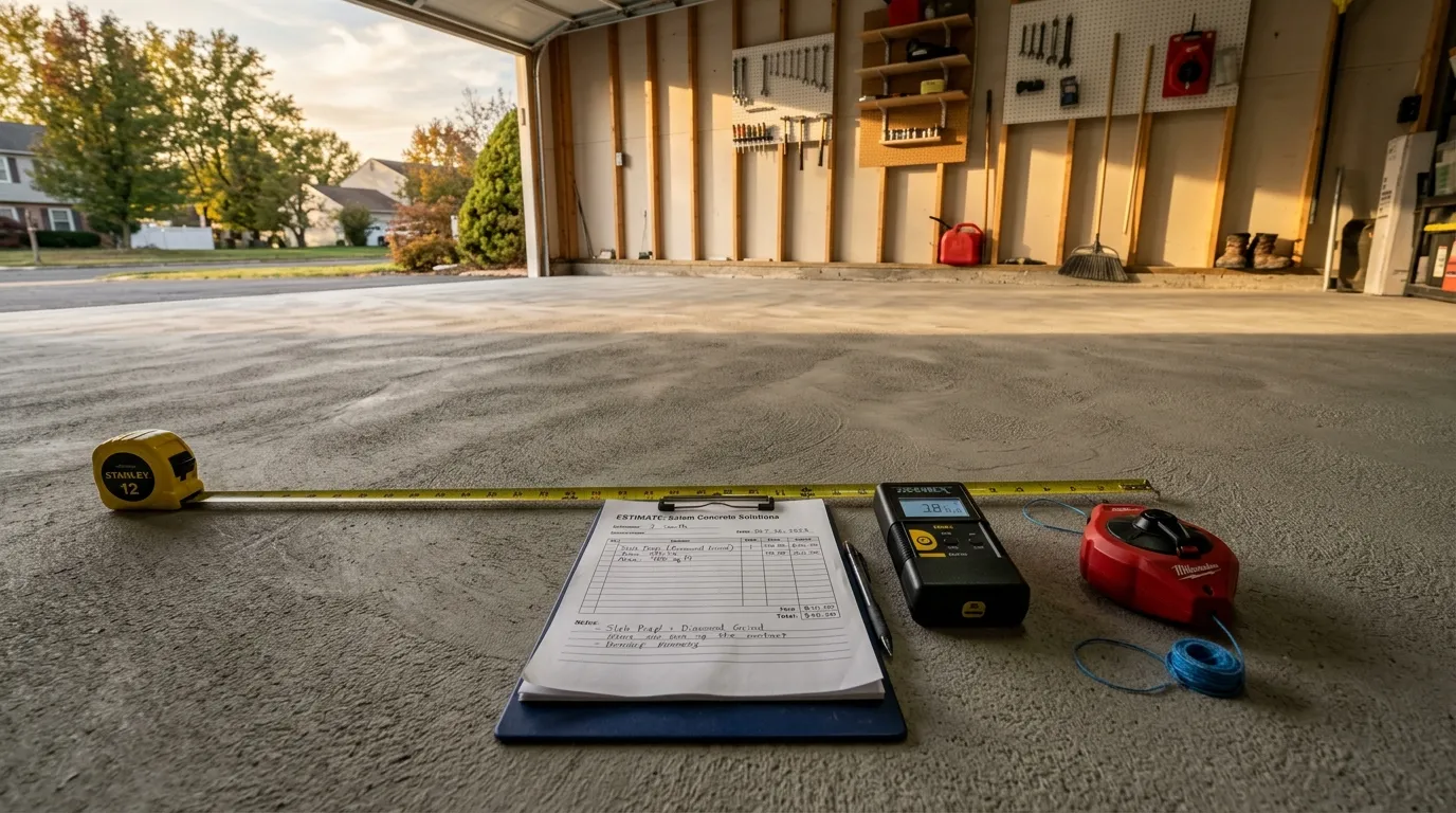 Triumph Concrete Coating Freshly diamond-ground concrete slab with tape measure and clipboard laid out for an on-site estimate