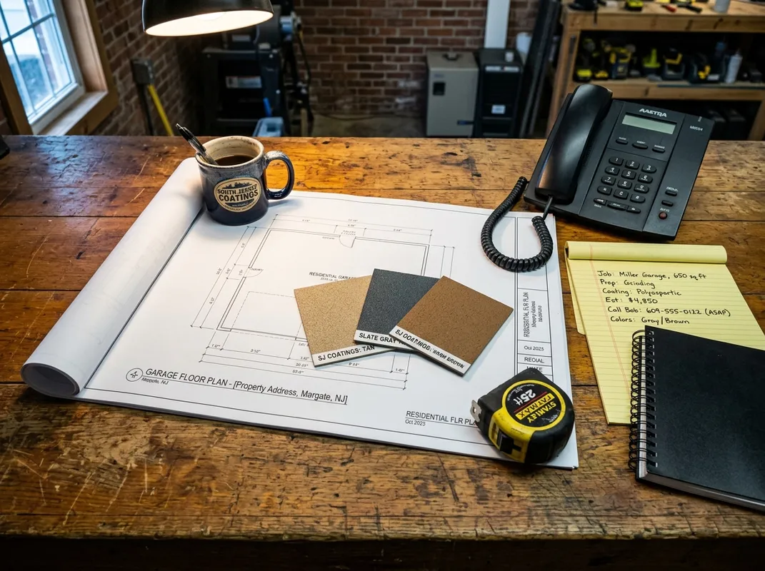 Triumph Concrete Coating Contractor desk with rolled-out floor plan, color sample chips, legal pad, and a corded phone ready for a callback