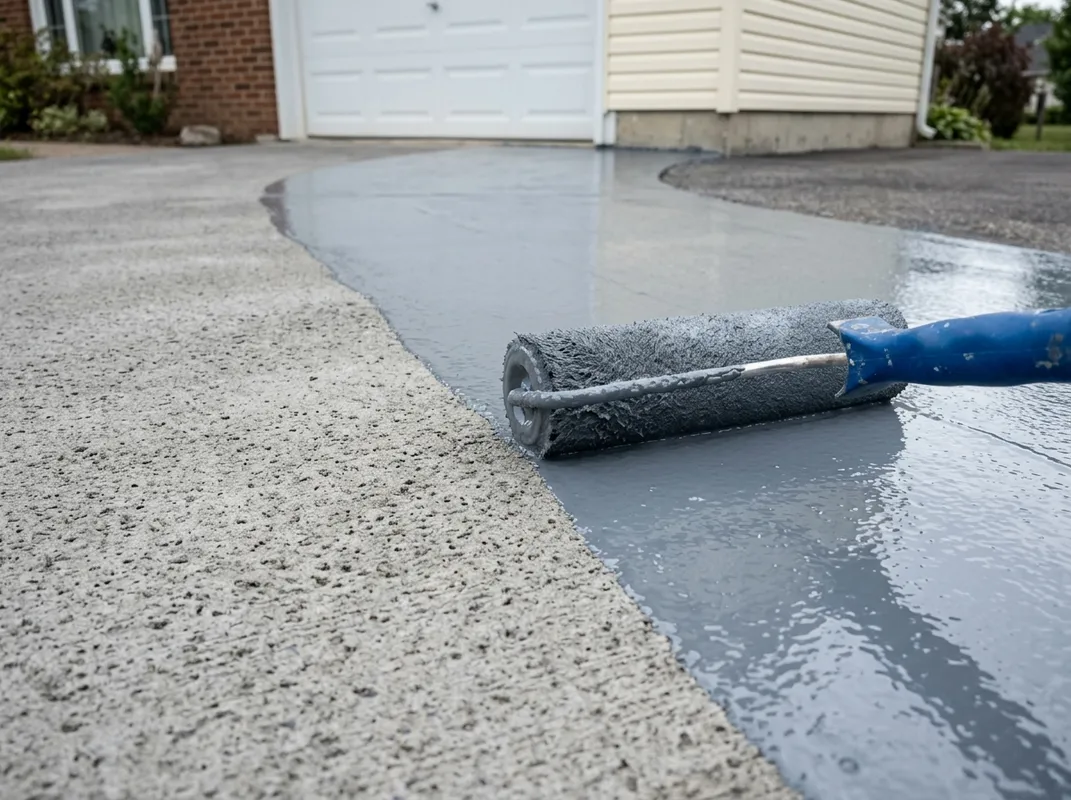Fresh polyurea base coat being applied over a diamond-ground residential driveway