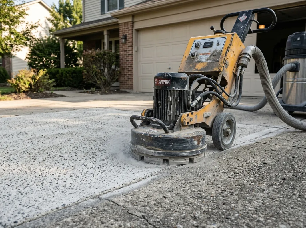 Walk-behind diamond grinder cutting open a residential driveway slab profile