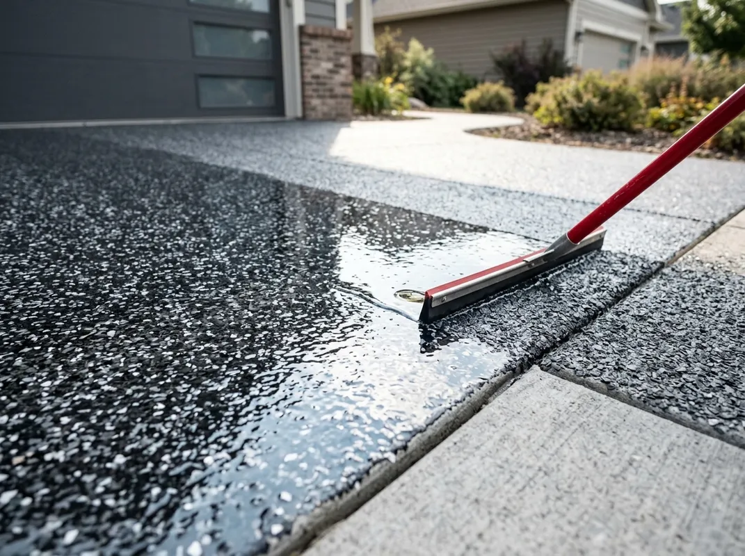 UV-stable polyaspartic clear topcoat being squeegeed over a finished driveway coating