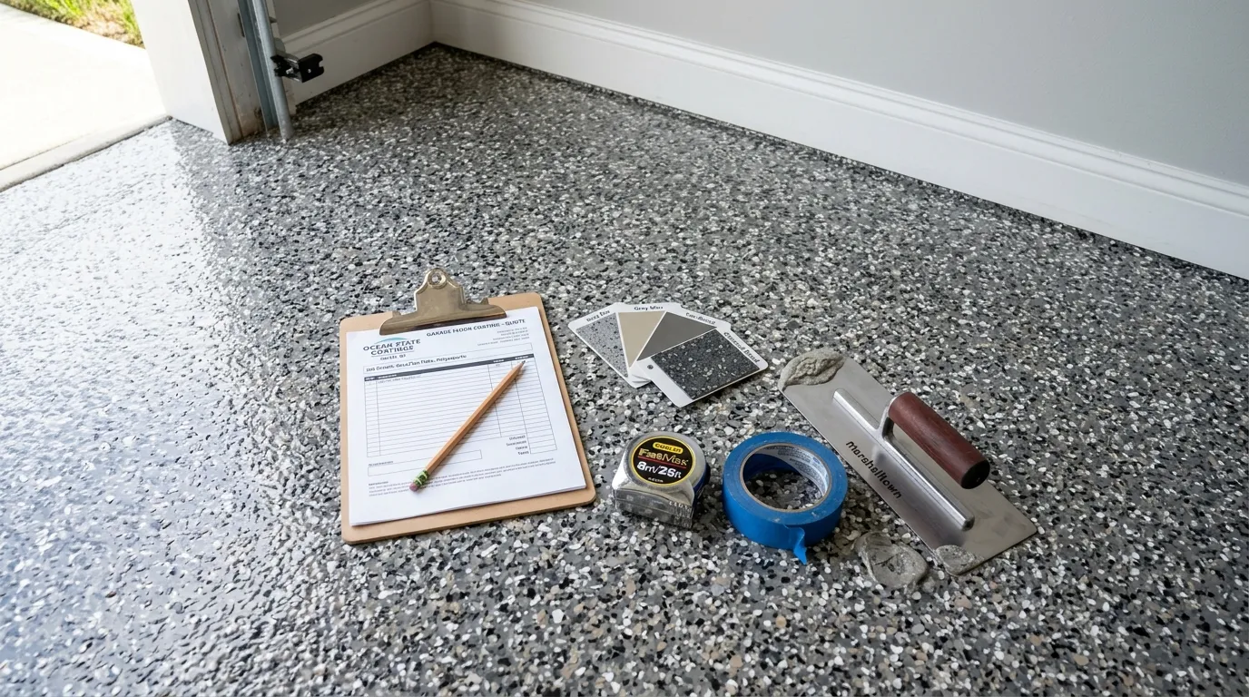 Triumph Concrete Coating Freshly installed polyaspartic concrete coating with contractor clipboard, sample chips, and tools laid out neatly