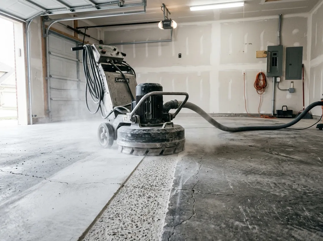 Diamond grinder preparing a residential garage concrete slab