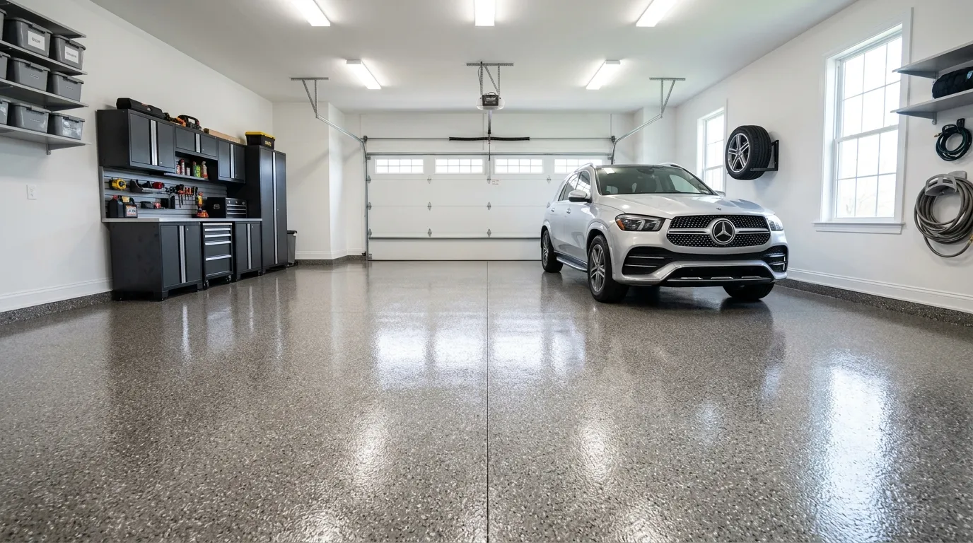 Showroom-quality residential garage floor with polyaspartic flake coating
