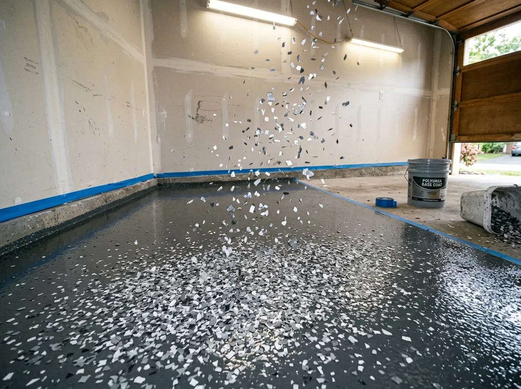 Decorative flake broadcast over a fresh polyurea base coat