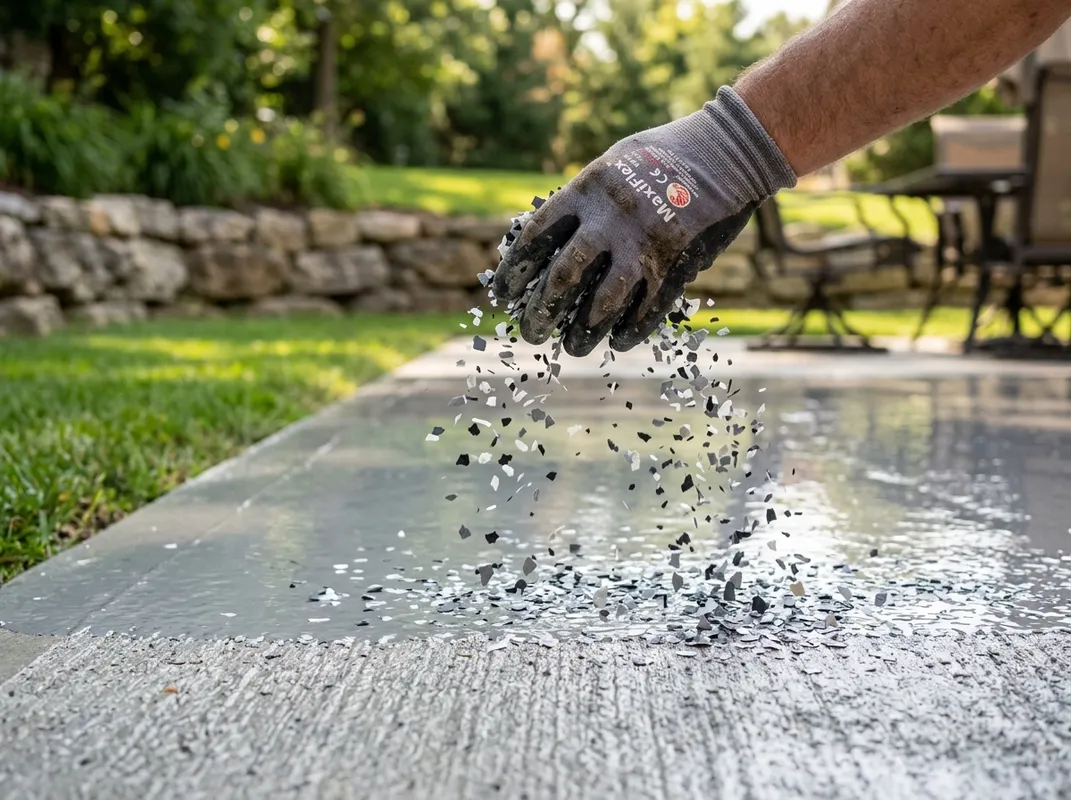 Triumph Concrete Coating Decorative flake being broadcast over diamond-ground outdoor concrete