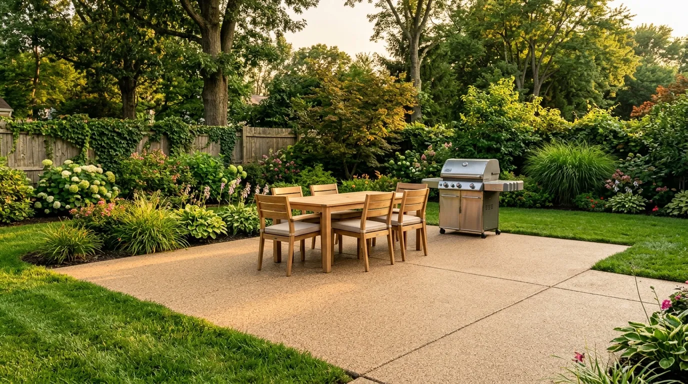 Triumph Concrete Coating Backyard patio with finished decorative concrete coating in golden hour light