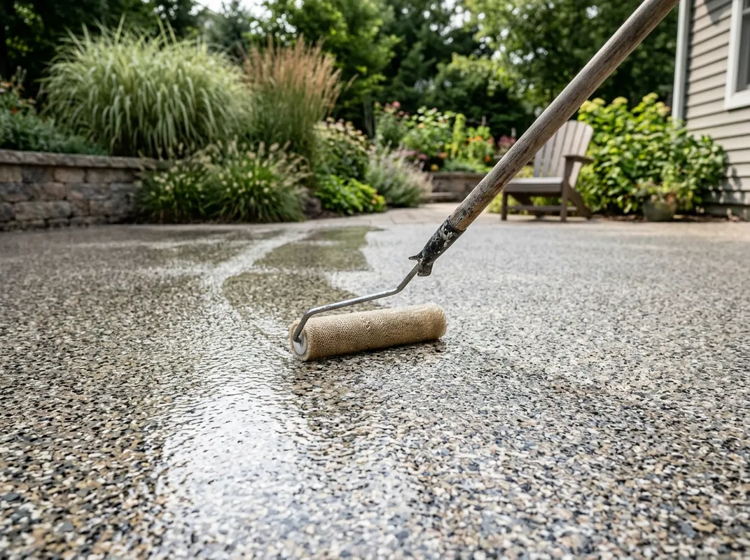 Triumph Concrete Coating Clear UV-stable topcoat being rolled across decorative coating