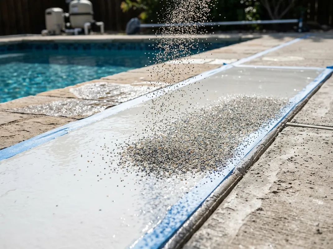Triumph Concrete Coating Slip-resistant aggregate being broadcast into a wet polyaspartic base coat