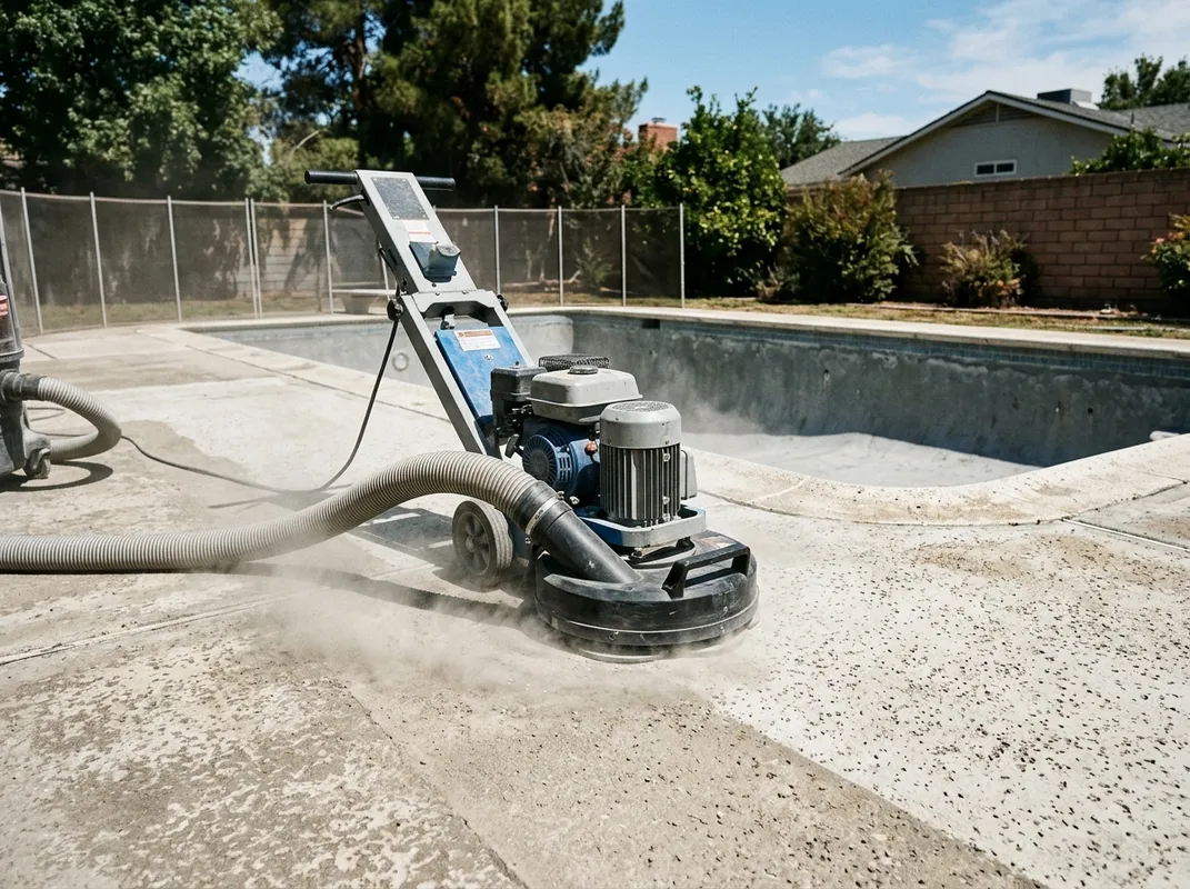 Triumph Concrete Coating Diamond grinder removing old sealer from a pool deck to open the concrete profile