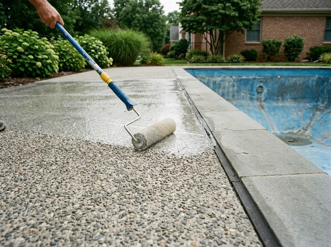 Triumph Concrete Coating UV-stable polyaspartic topcoat being rolled over an aggregate texture coat