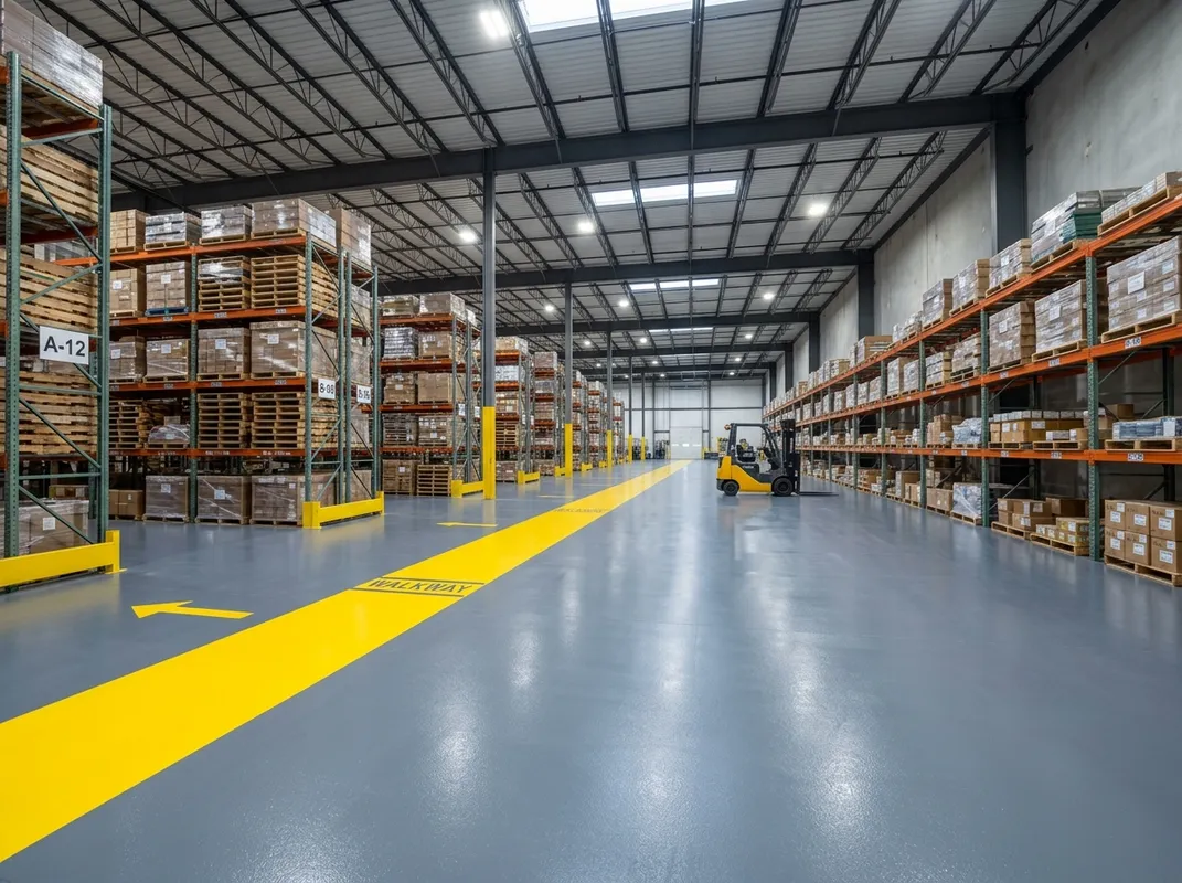 Triumph Concrete Coating Industrial warehouse with a freshly coated epoxy floor under high-bay LED lights