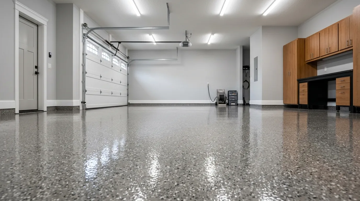 Triumph Concrete Coating Mirror-finished residential garage floor with high-gloss polyaspartic coating