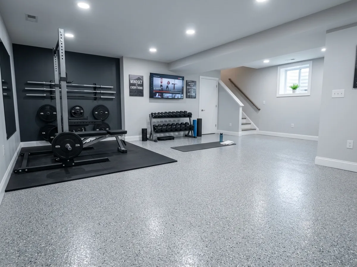 Finished basement home gym with light gray polyaspartic flake floor in Ashland, NJ