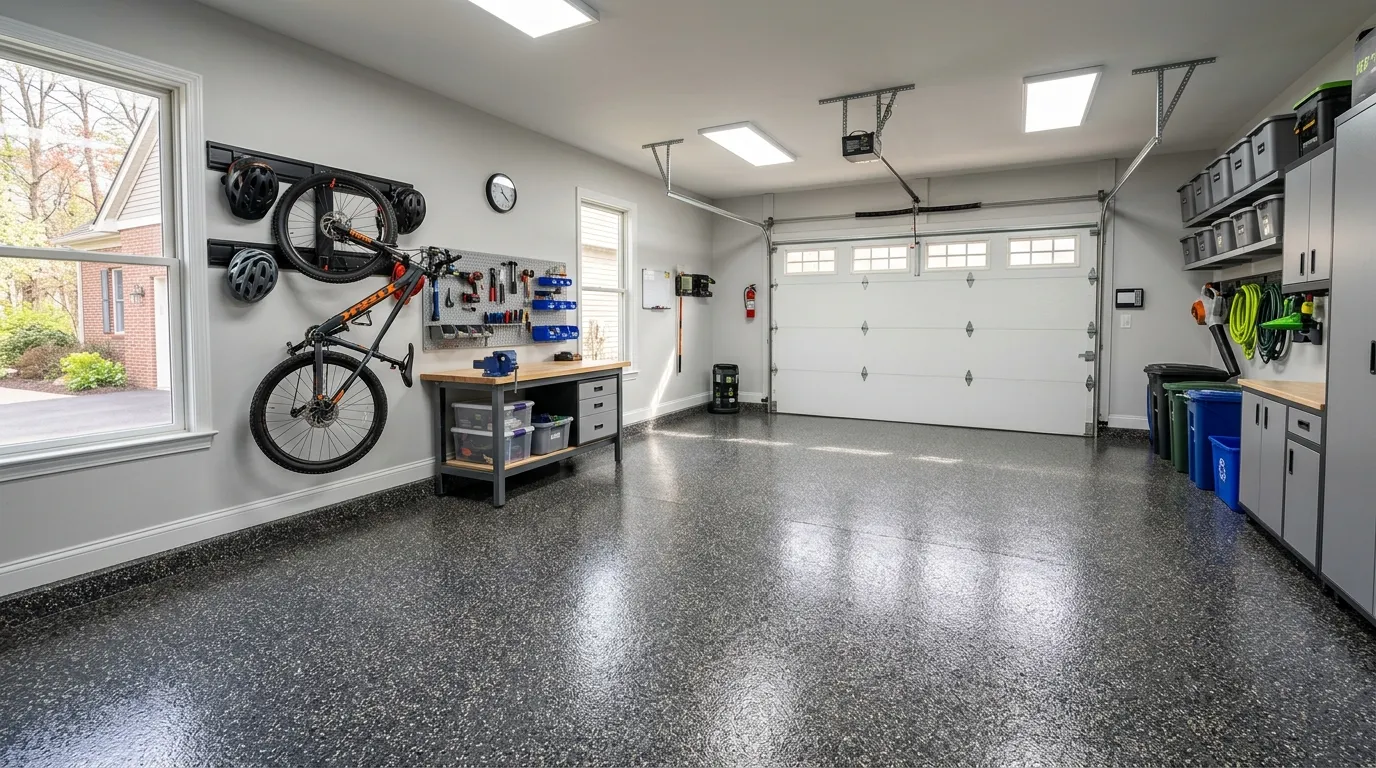 Freshly coated two-car garage floor in an Ashland, NJ family home