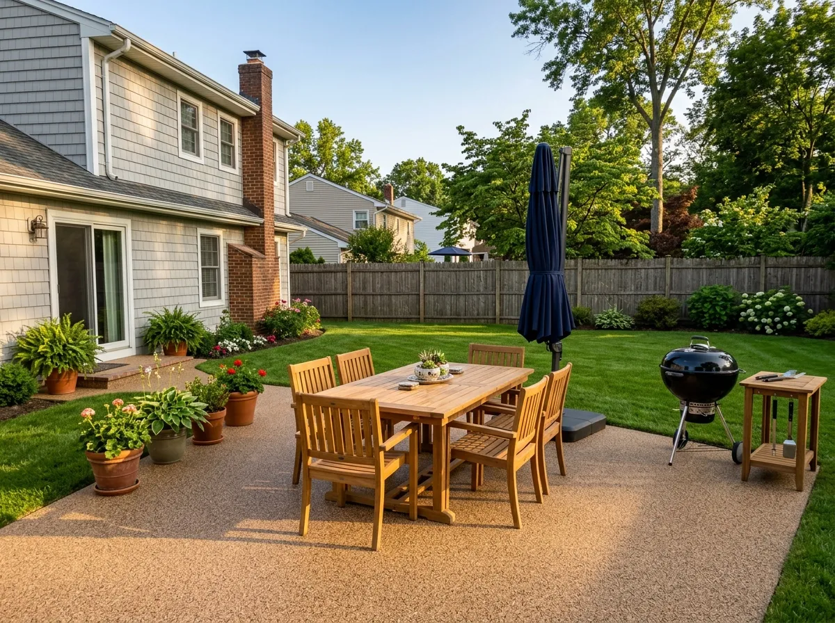 Coated back patio with teak furniture at an Ashland NJ home