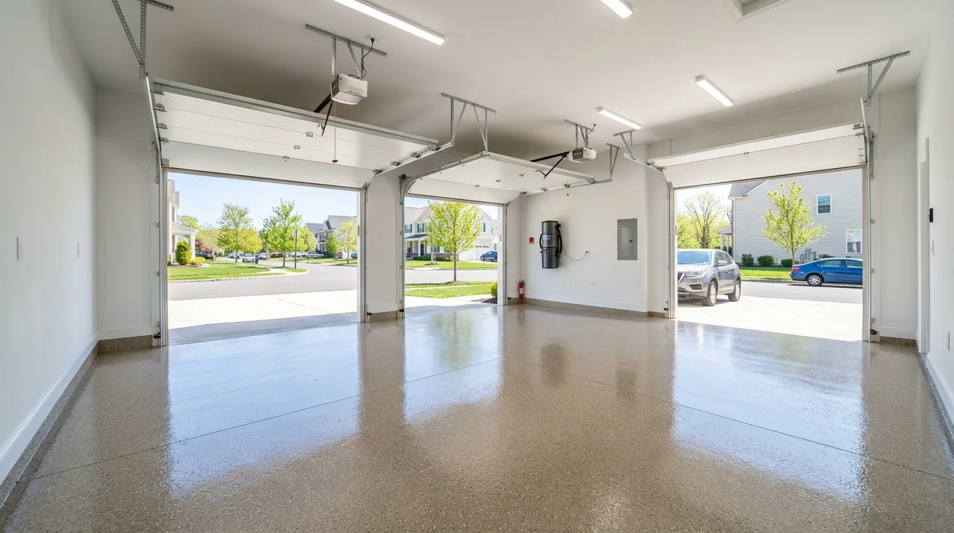 Triumph Concrete Coating Showroom-quality metallic-flake garage floor coating in a Beckett, NJ subdivision home