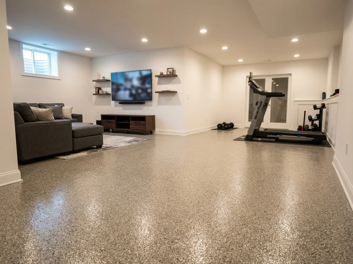 Triumph Concrete Coating Finished basement floor coating in a Beckett, NJ subdivision home