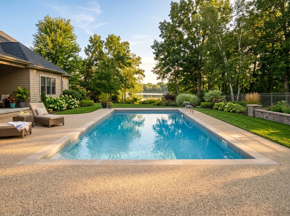 Triumph Concrete Coating Sealed pool deck coating in a Beckett, NJ backyard near Lake Beckett