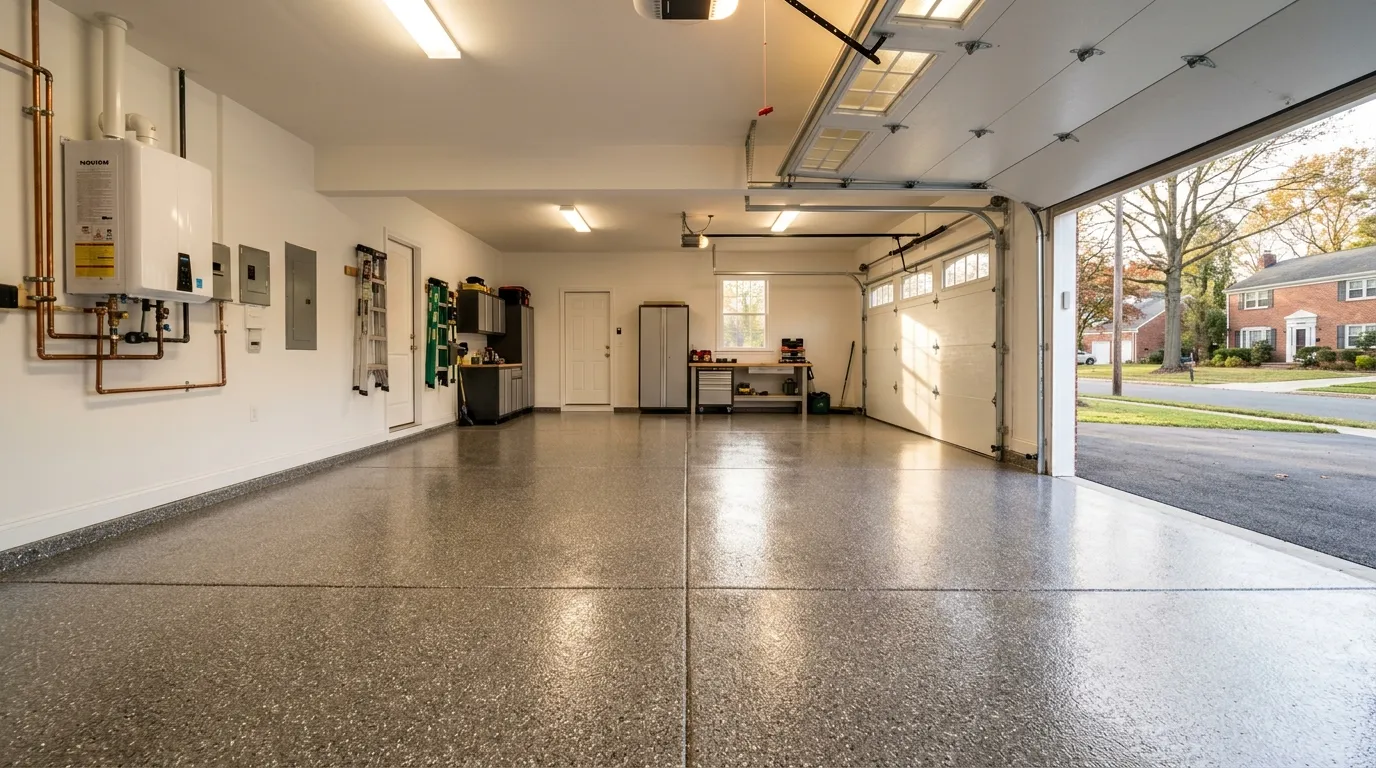 Triumph Concrete Coating Full-flake polyaspartic garage floor coating suited for a Cherry Hill, NJ home