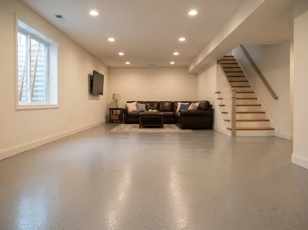 Triumph Concrete Coating Finished Cherry Hill basement with a clean polyaspartic floor coating