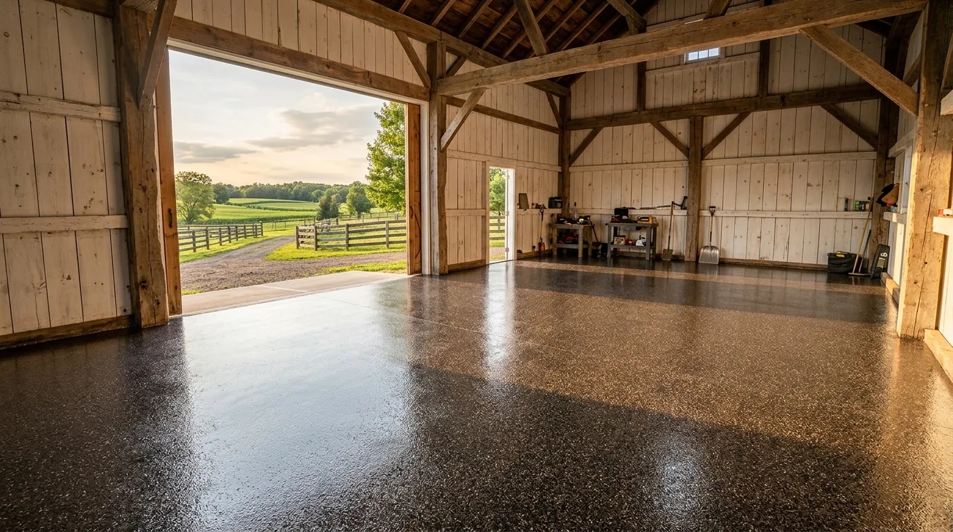 Triumph Concrete Coating Freshly coated detached barn floor on a rural property in Chesterfield, NJ