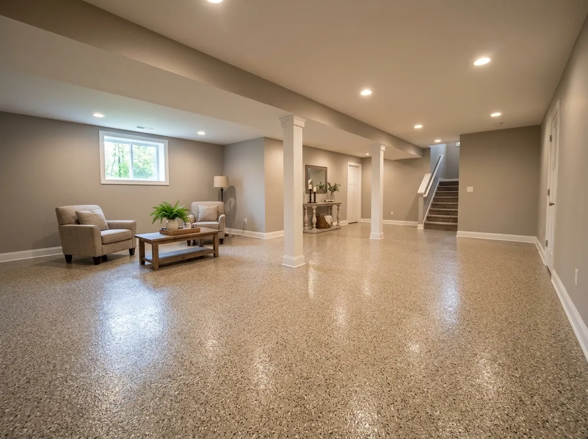 Triumph Concrete Coating Finished residential basement with flake coating in Chesterfield, NJ