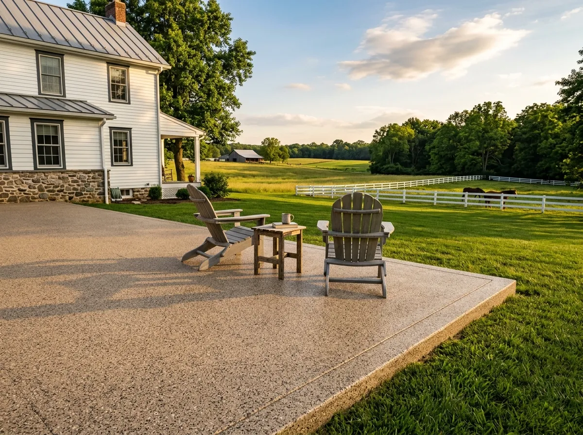 Triumph Concrete Coating Coated rural patio behind a farmhouse in Chesterfield, NJ