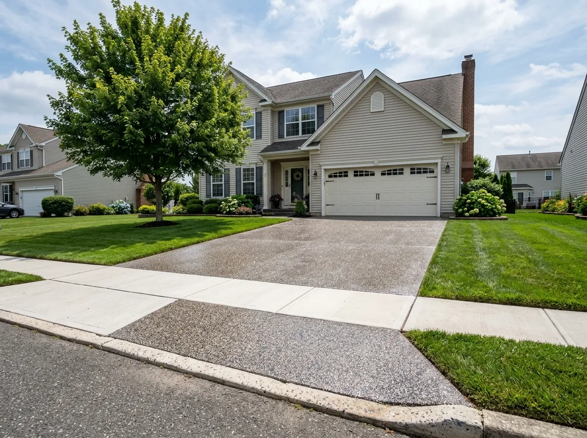 Triumph Concrete Coating A freshly coated residential driveway leading to a two-car garage