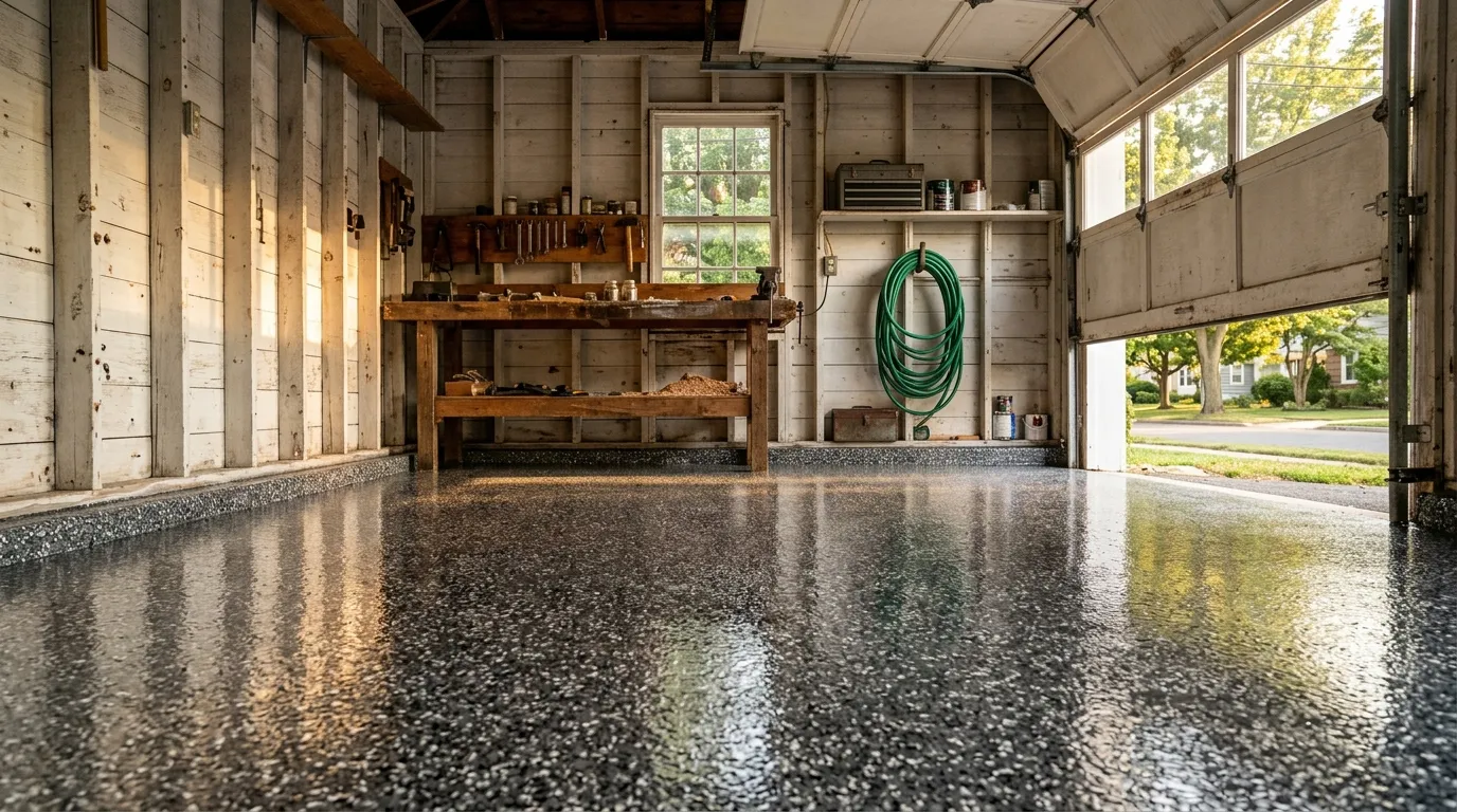 Triumph Concrete Coating Freshly coated charcoal-flake garage floor in a Haddon Heights detached garage