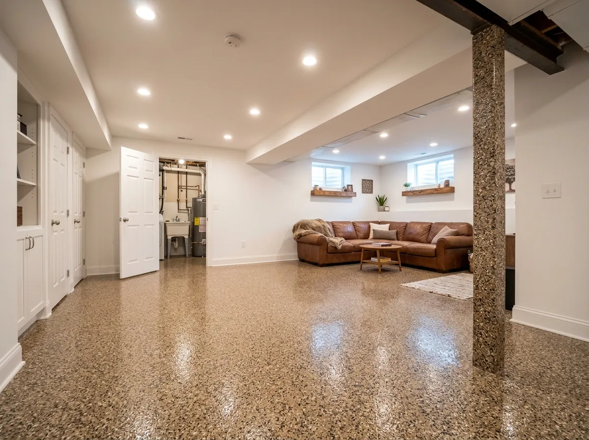 Triumph Concrete Coating Finished basement with full-flake polyurea floor in warm tan and charcoal
