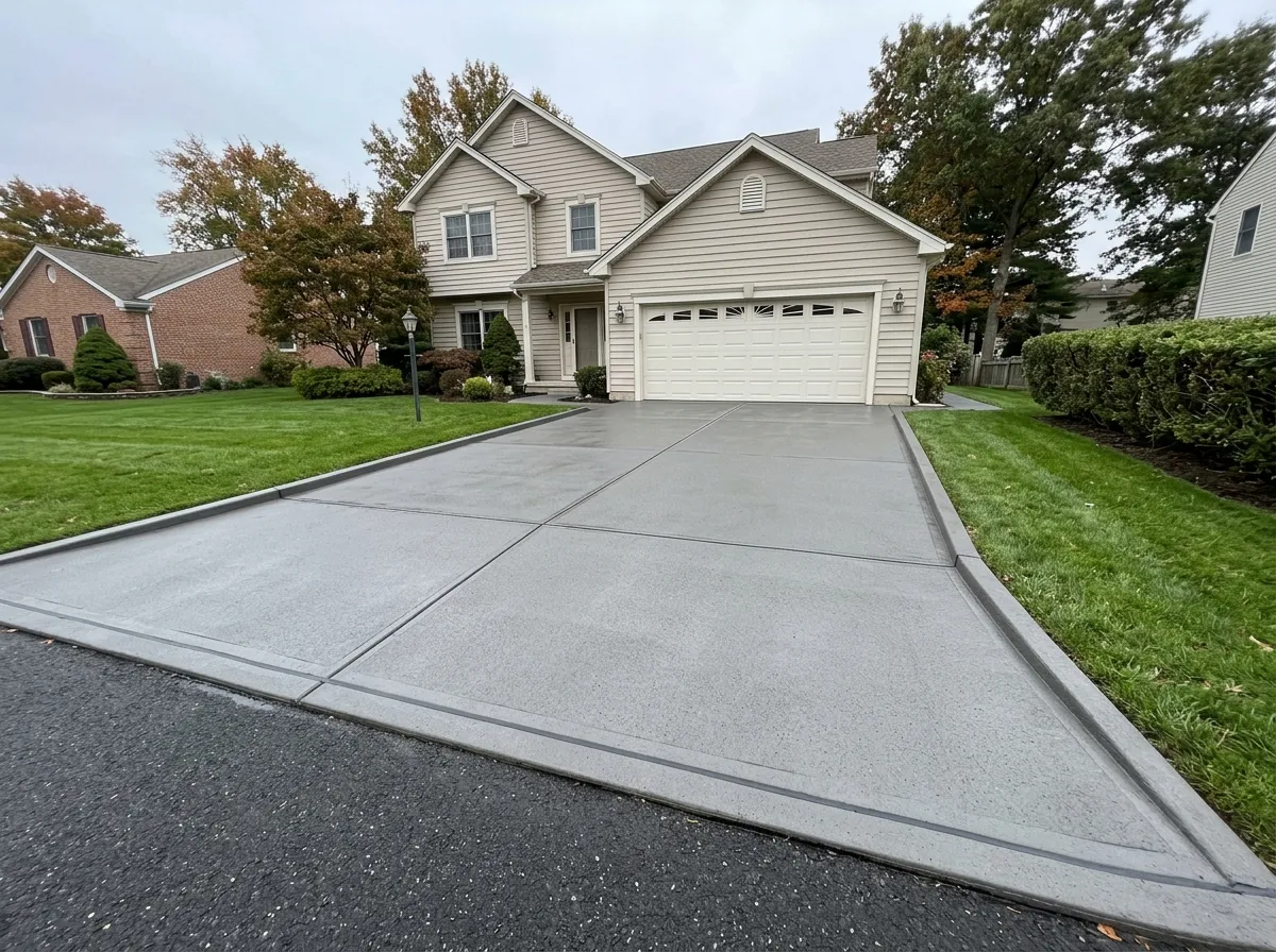 Triumph Concrete Coating Freshly sealed residential concrete driveway with crisp expansion joints