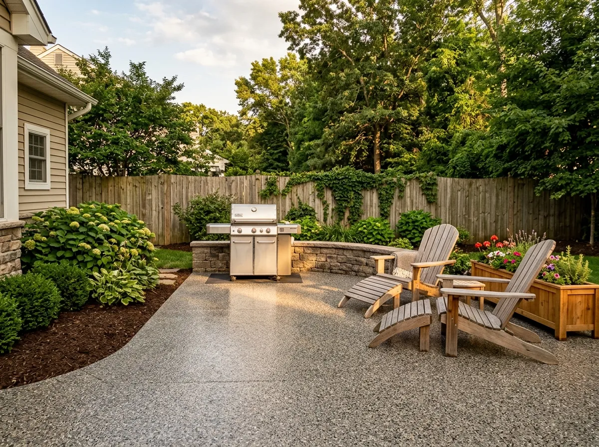 Triumph Concrete Coating Finished back patio with flake-coated concrete and a grill setup