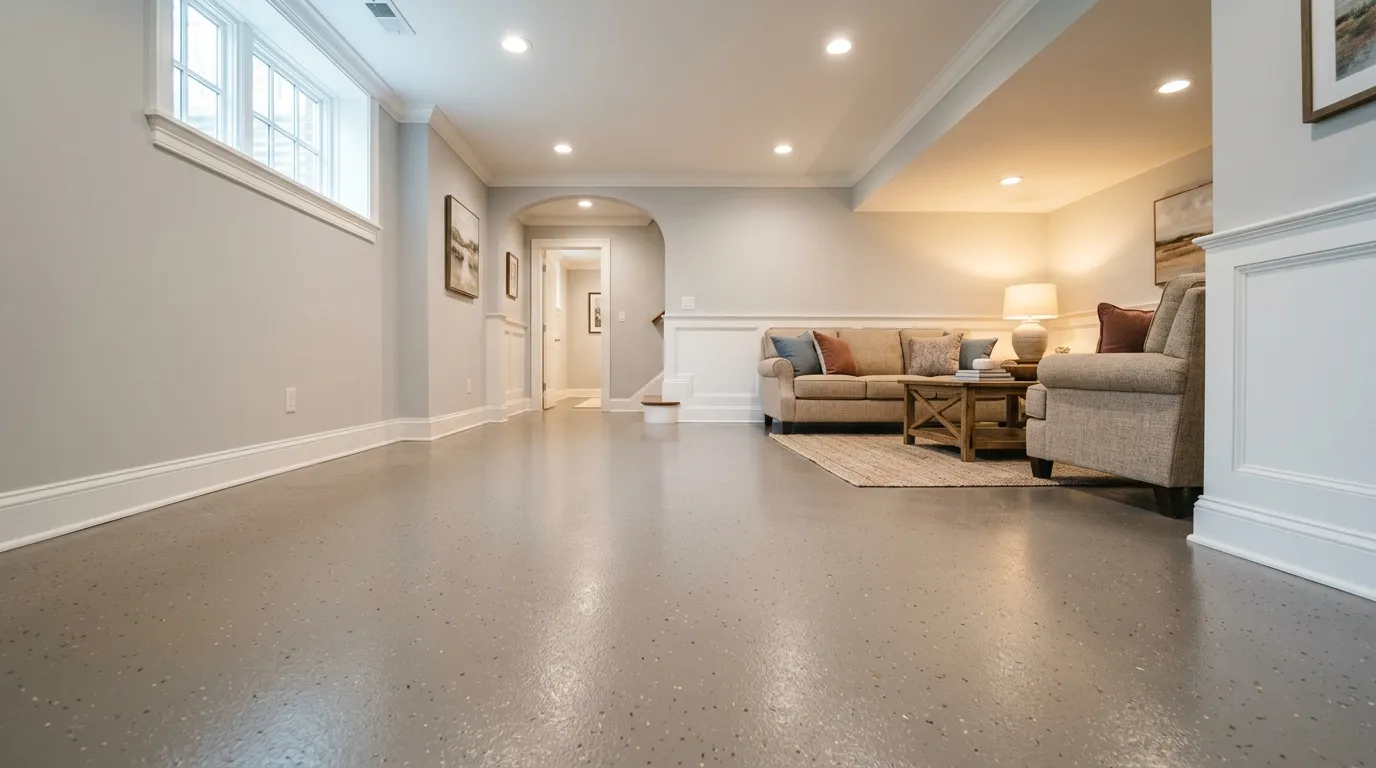 Triumph Concrete Coating Finished residential basement floor with a satin polyaspartic coating in a colonial Haddonfield home