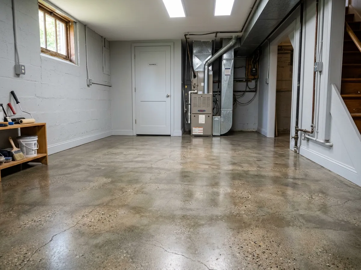 Triumph Concrete Coating Original older basement slab finished with a clear grind-and-seal densified sealer