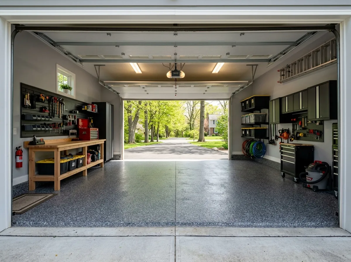 Triumph Concrete Coating Finished detached residential garage floor with charcoal polyaspartic flake coating in Haddonfield, NJ
