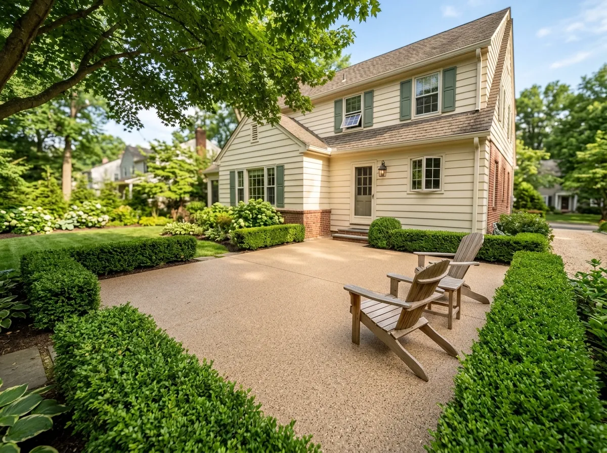 Triumph Concrete Coating Finished backyard patio with warm tan polyaspartic flake coating at a colonial home in Haddonfield