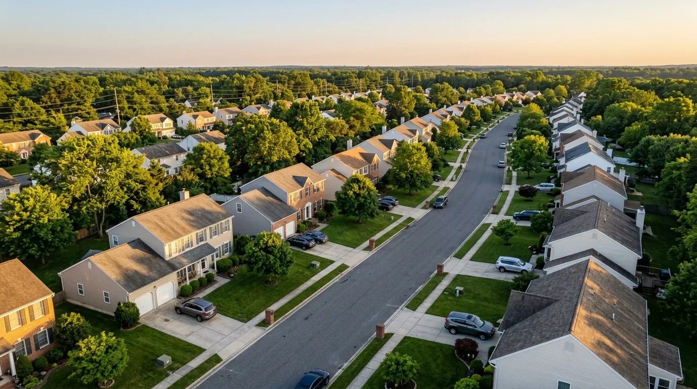 Triumph Concrete Coating South Jersey suburban neighborhood with concrete driveways at golden hour