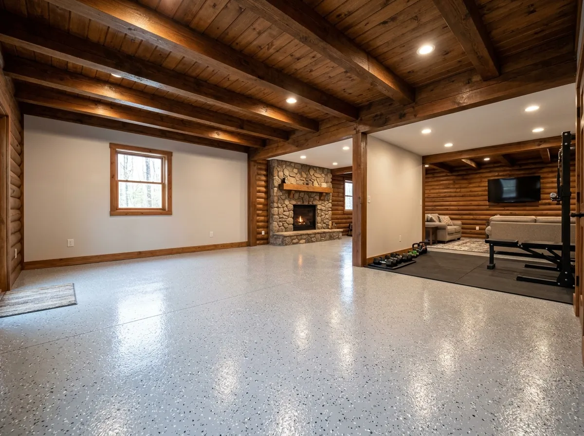 Triumph Concrete Coating Brightened cabin basement with light gray polyaspartic flake floor in Medford Lakes, NJ
