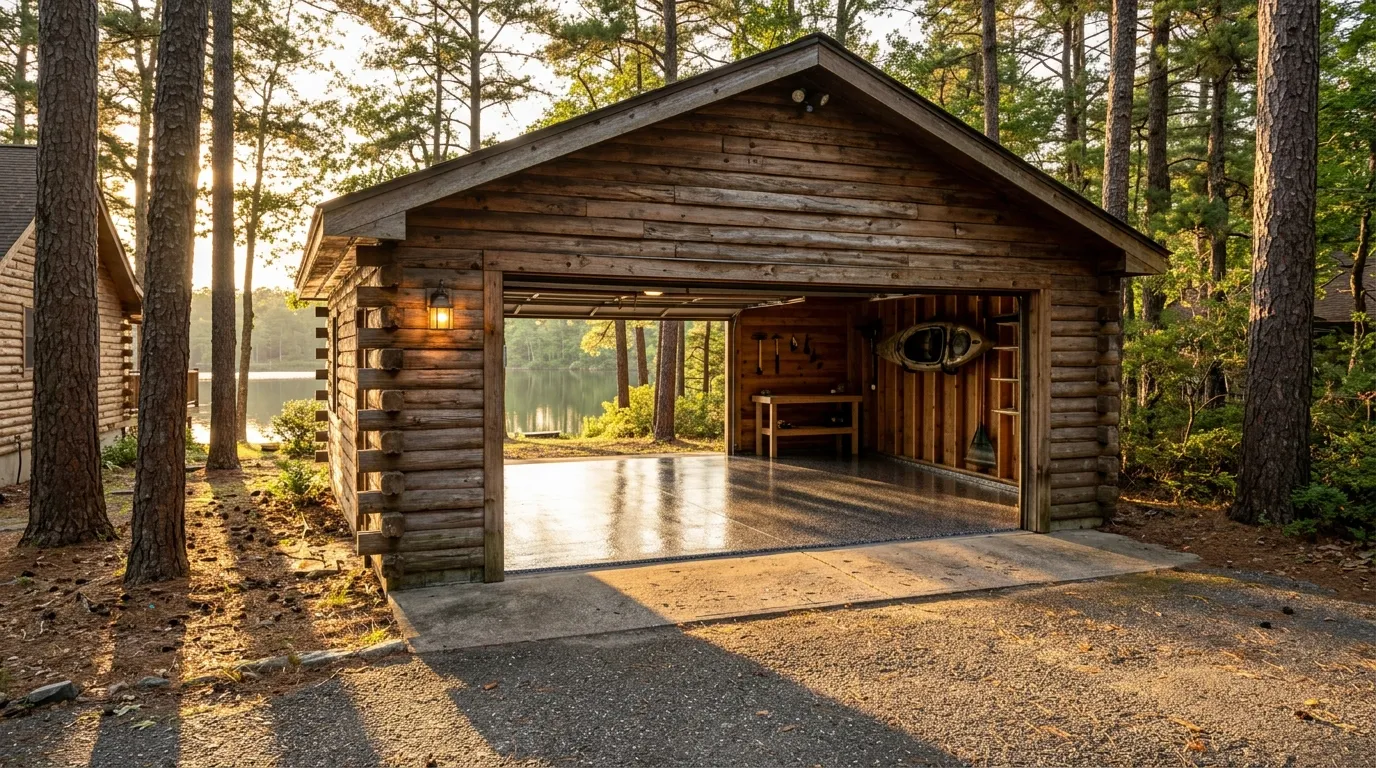 Triumph Concrete Coating Freshly coated detached garage floor at a lakeside log-cabin home in Medford Lakes, NJ