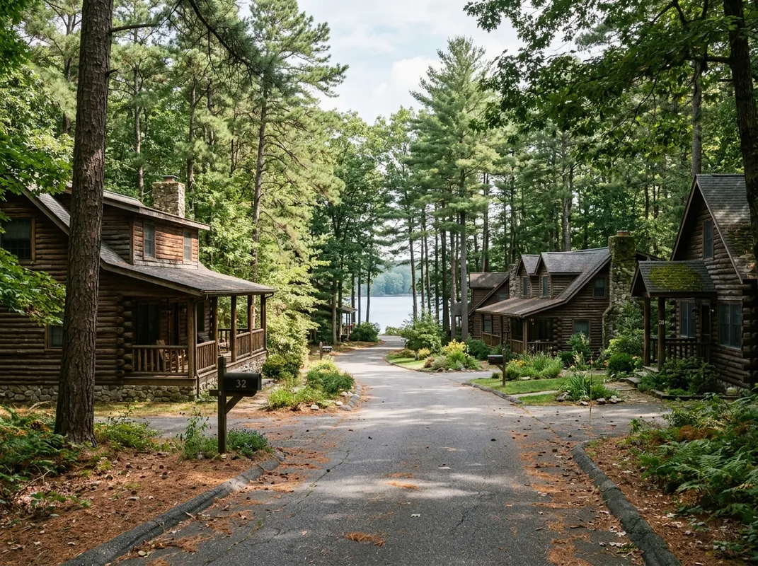 Triumph Concrete Coating Quiet Pine Barrens lakeside street with log-cabin-style homes in Medford Lakes, NJ